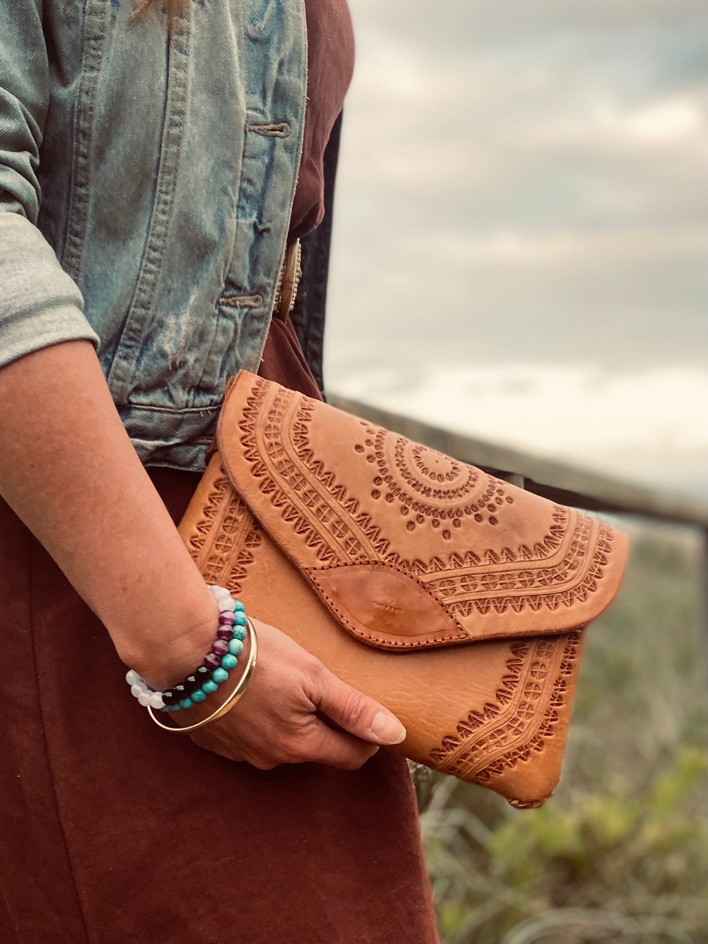 HANDMADE leather Clutch Bag | Hand tooled Purse | Mexican Leather Bag