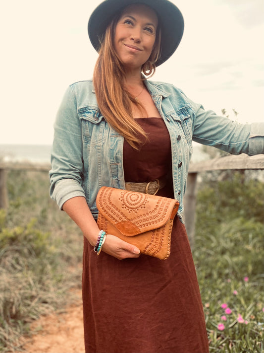 HANDMADE leather Clutch Bag | Hand tooled Purse | Mexican Leather Bag