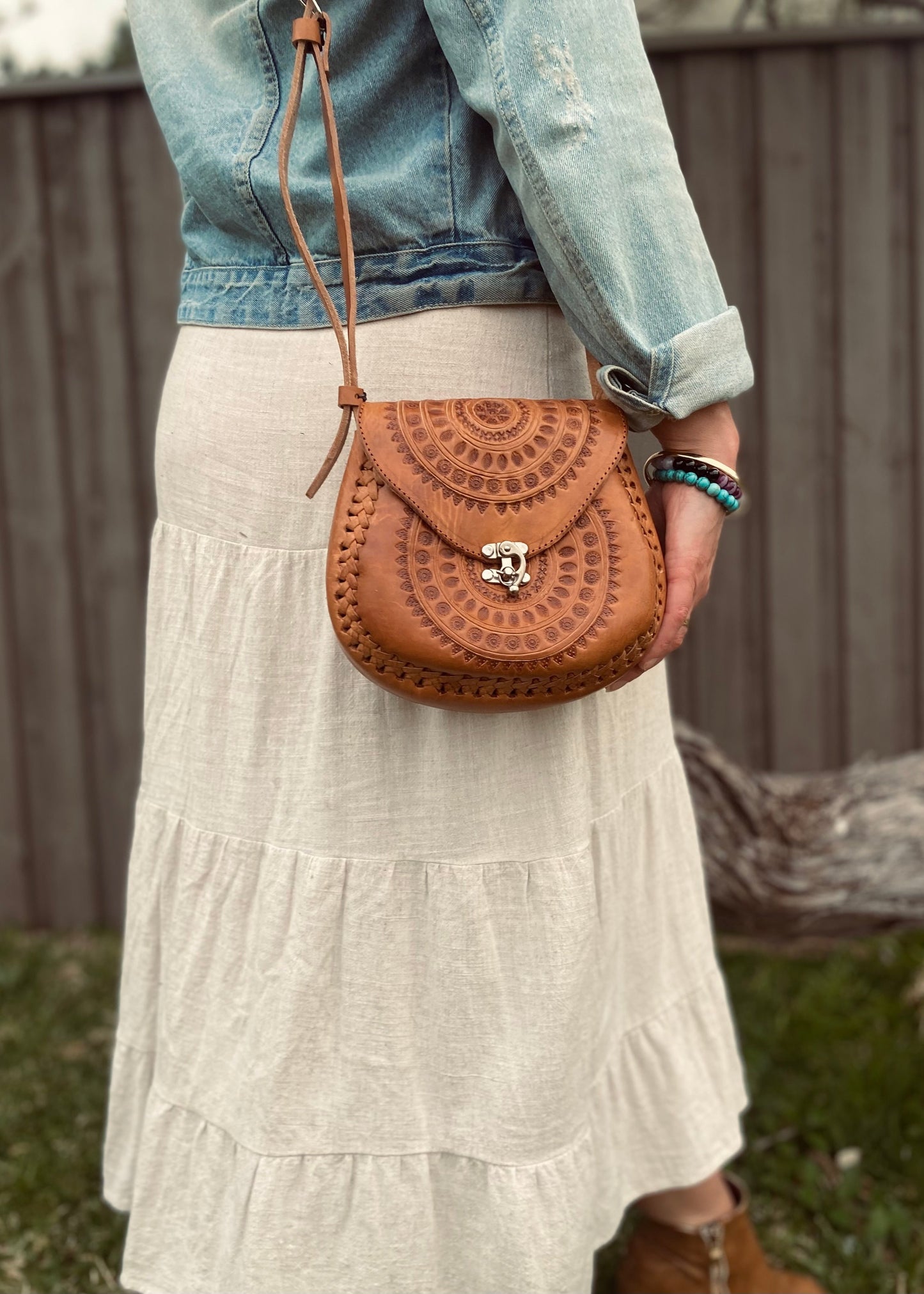 Hand tooled Leather Boho Handbag | Handcrafted Bag from Mexico