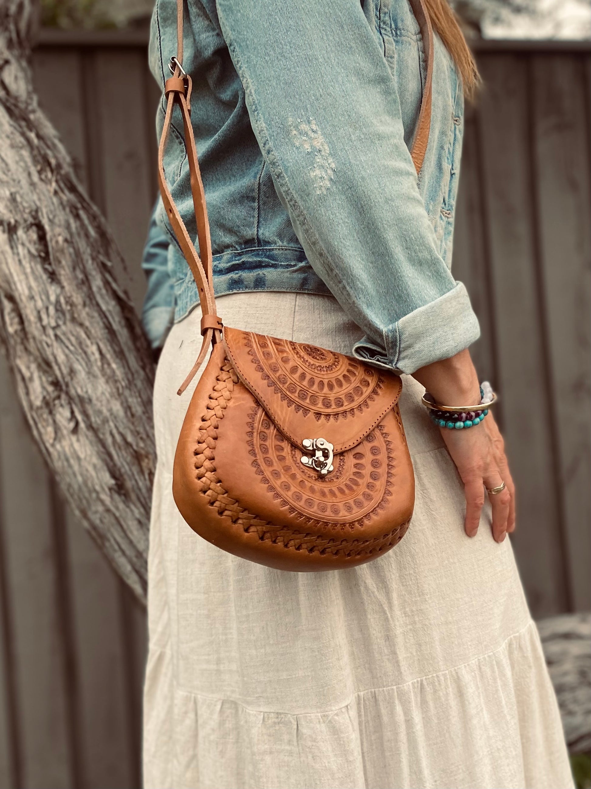 Hand tooled Leather Boho Handbag | Handcrafted Bag from Mexico