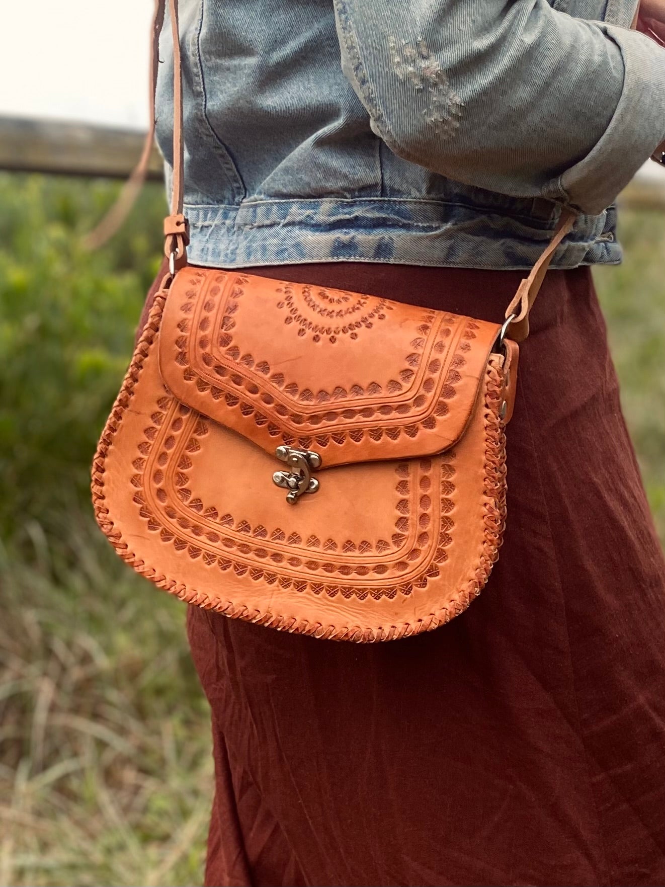 VINTAGE LEATHER BAG boho bag, hand tooled leather, handmade leather