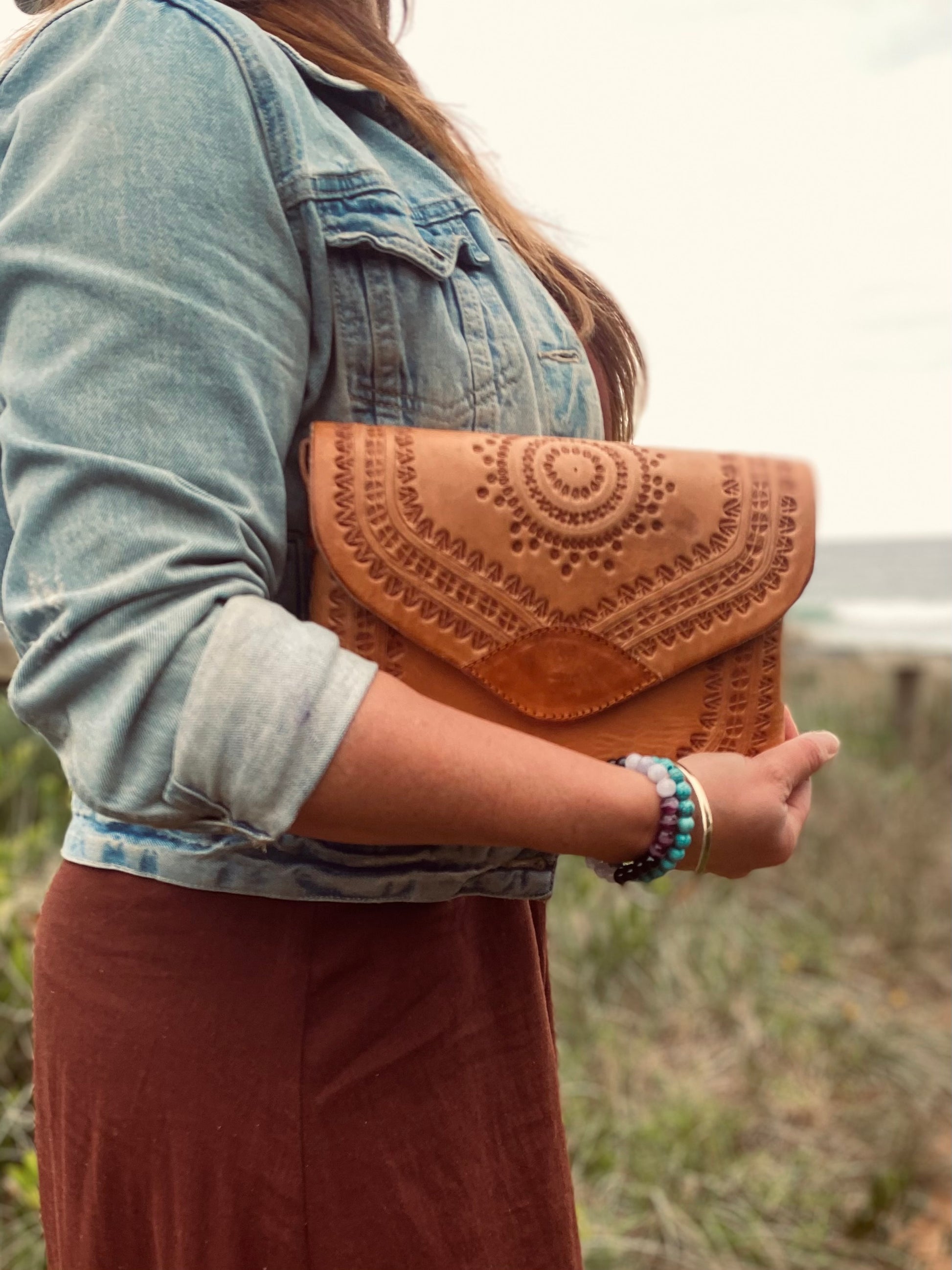 HANDMADE leather Clutch Bag | Hand tooled Purse | Mexican Leather Bag