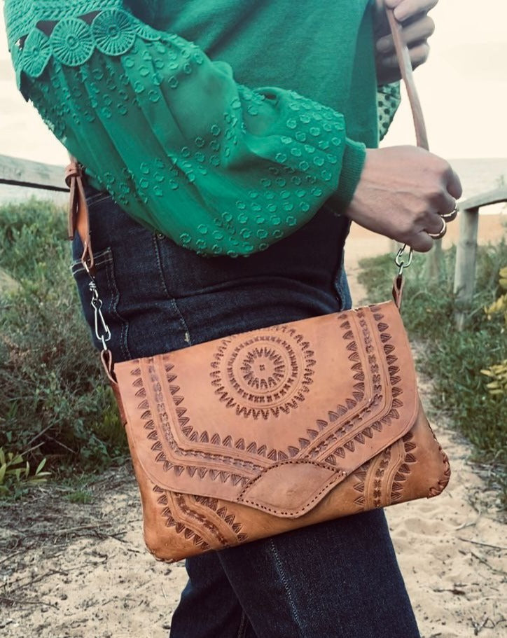 HANDMADE leather Clutch Bag | Hand tooled Purse | Mexican Leather Bag