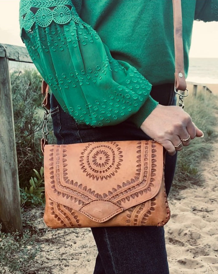 HANDMADE leather Clutch Bag | Hand tooled Purse | Mexican Leather Bag