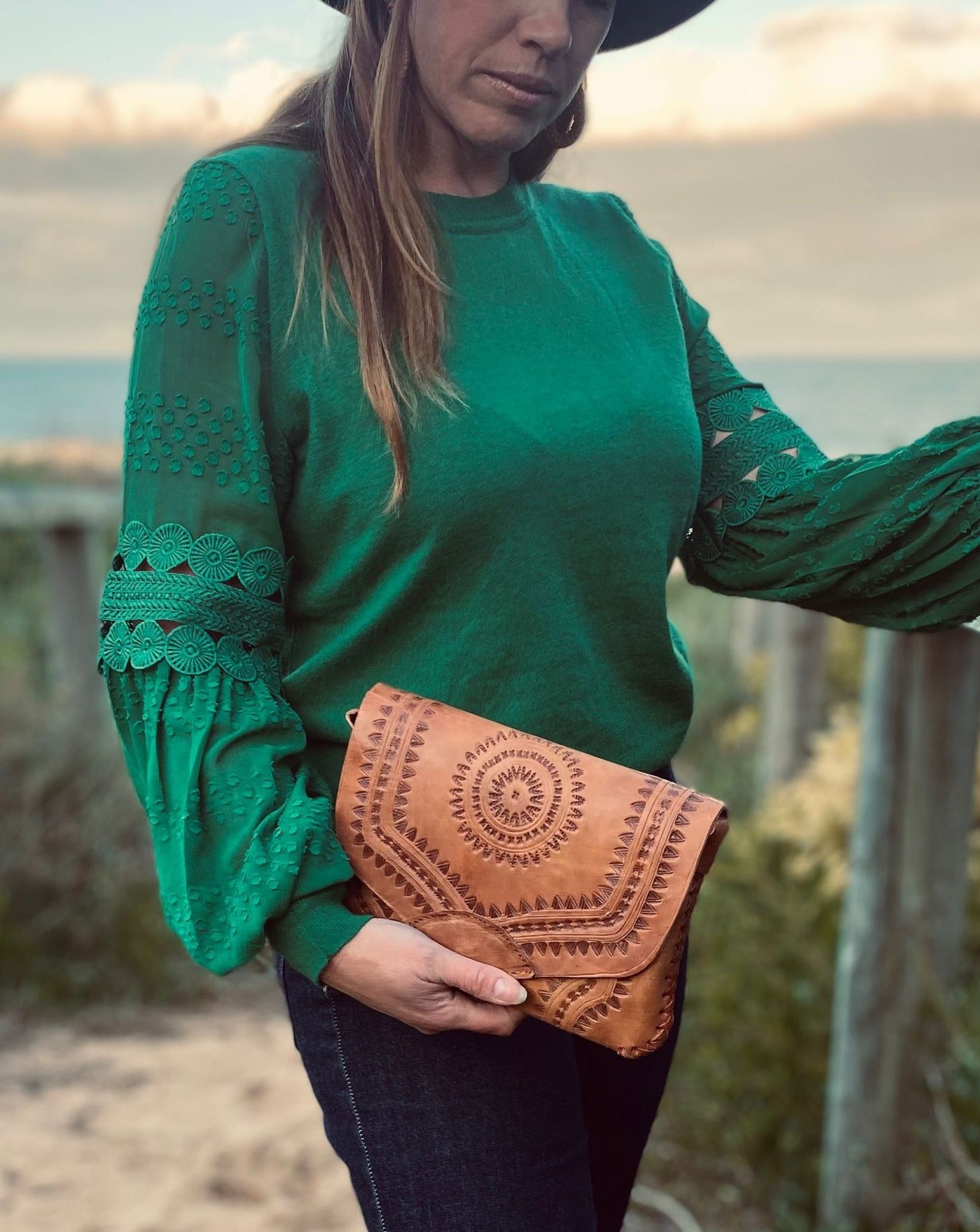 HANDMADE leather Clutch Bag | Hand tooled Purse | Mexican Leather Bag