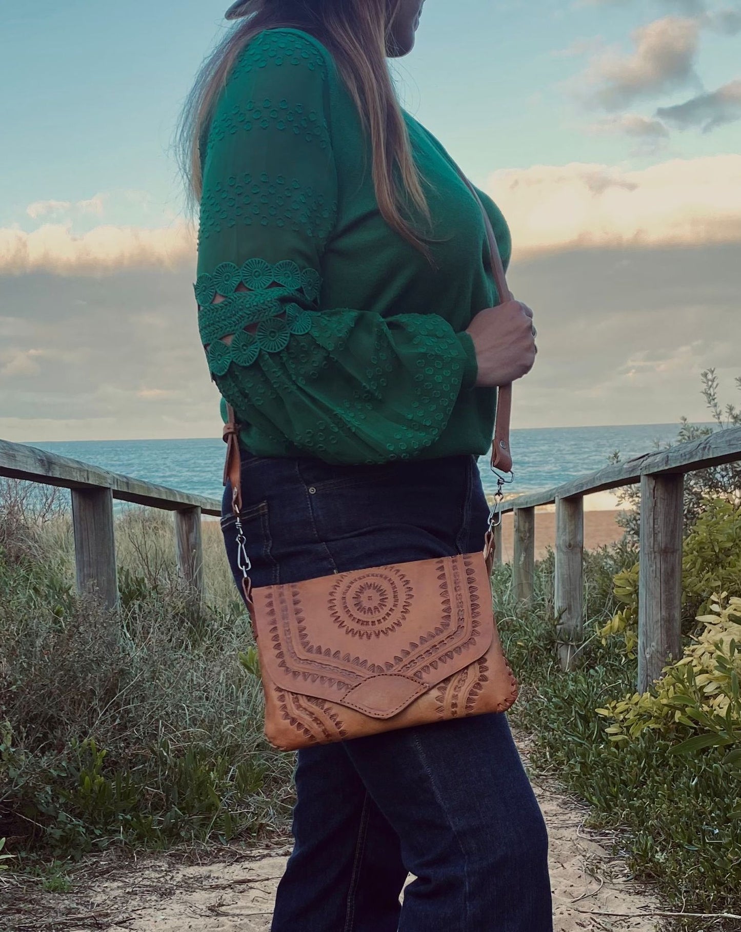 HANDMADE leather Clutch Bag | Hand tooled Purse | Mexican Leather Bag