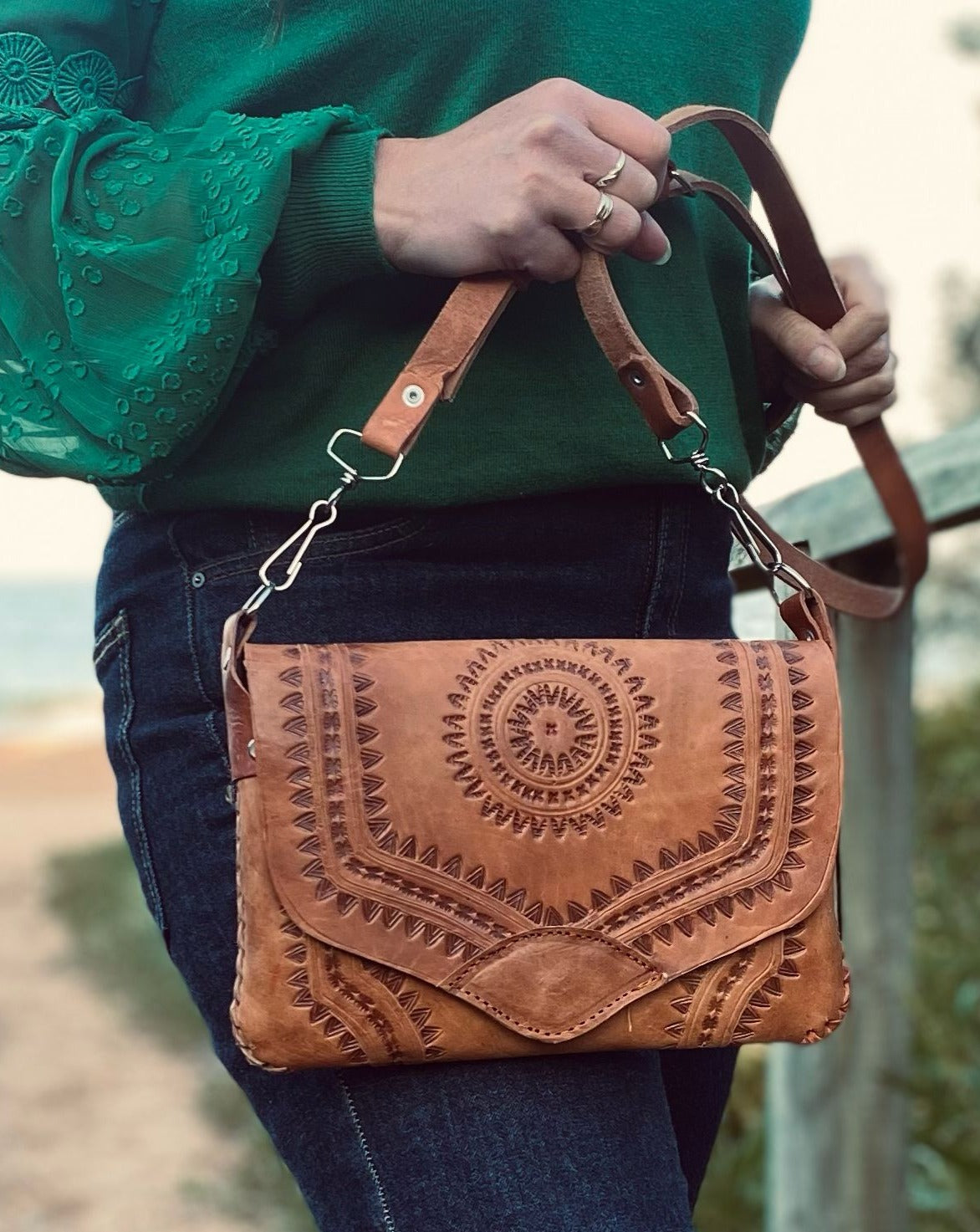 HANDMADE leather Clutch Bag | Hand tooled Purse | Mexican Leather Bag