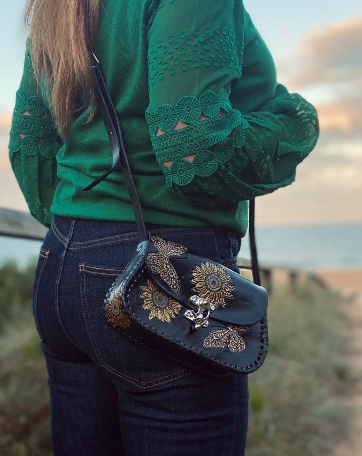 BUTTERFLY BAG, Sunflower Leather Bag, Hand painted bags, Mexican Purse