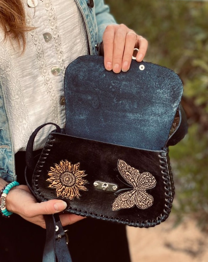 BUTTERFLY BAG, Sunflower Leather Bag, Hand painted bags, Mexican Purse