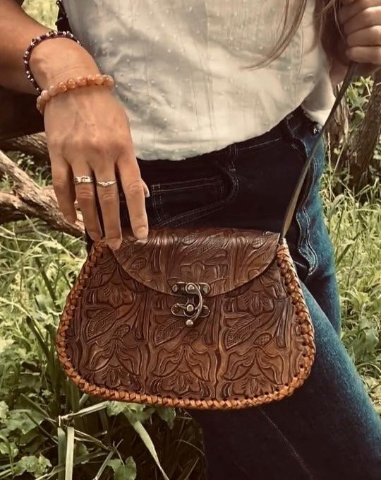 HANDPAINTED BROWN BAG, Mexican handbag, Colour purse, Leather handbag