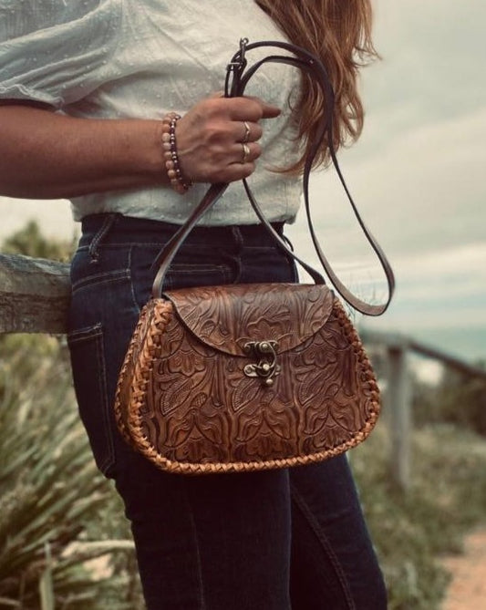 HANDPAINTED BROWN BAG, Mexican handbag, Colour purse, Leather handbag