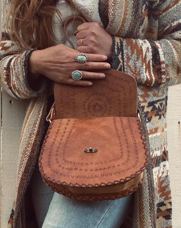VINTAGE LEATHER BAG boho bag, hand tooled leather, handmade leather