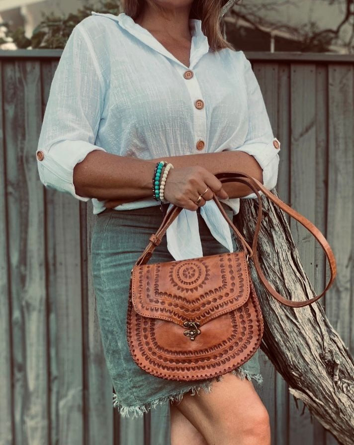 VINTAGE LEATHER BAG boho bag, hand tooled leather, handmade leather