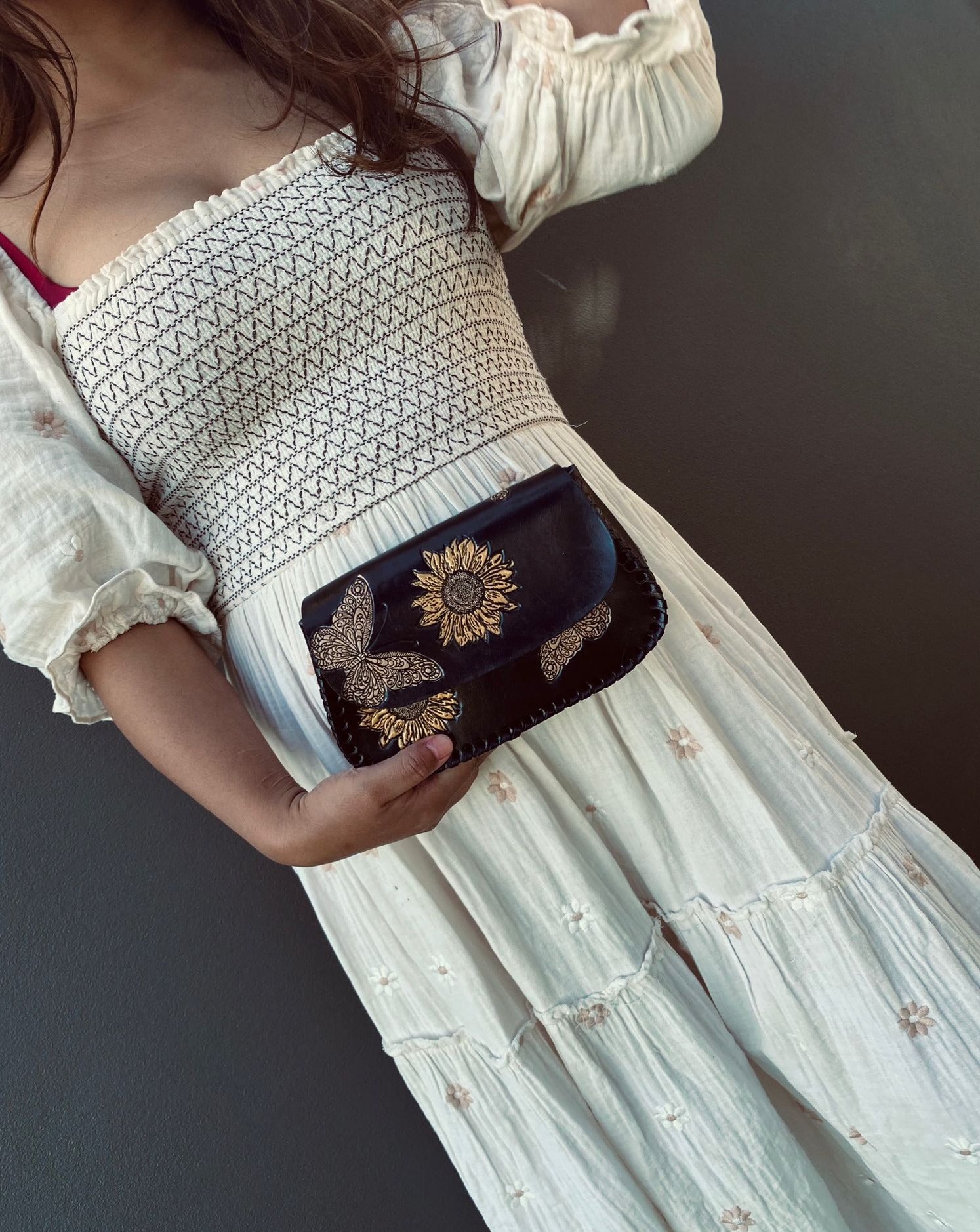 BUTTERFLY BAG, Sunflower Leather Bag, Hand painted bags, Mexican Purse