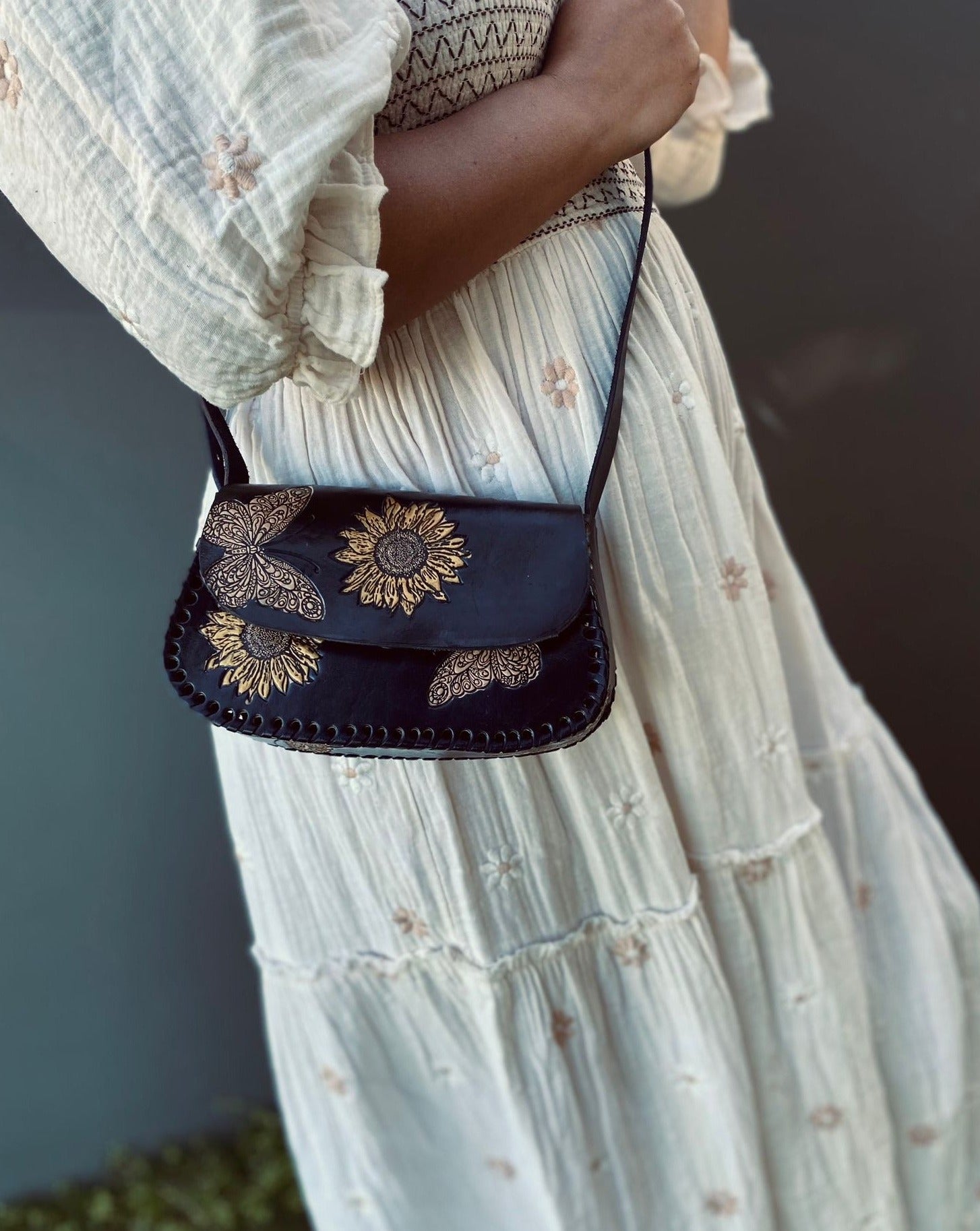 BUTTERFLY BAG, Sunflower Leather Bag, Hand painted bags, Mexican Purse