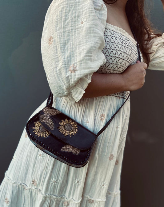 BUTTERFLY BAG, Sunflower Leather Bag, Hand painted bags, Mexican Purse