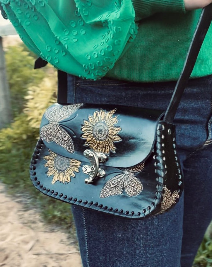 BUTTERFLY BAG, Sunflower Leather Bag, Hand painted bags, Mexican Purse