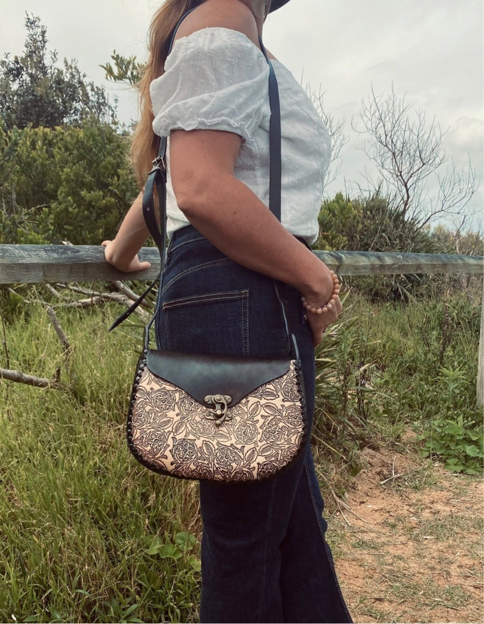 BLACK LEATHER HANDBAG, Handmade Leather bag, Flower Handbag, Rose Bag