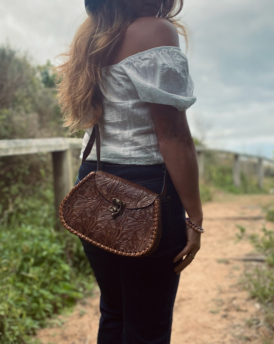 HANDPAINTED BROWN BAG, Mexican handbag, Colour purse, Leather handbag