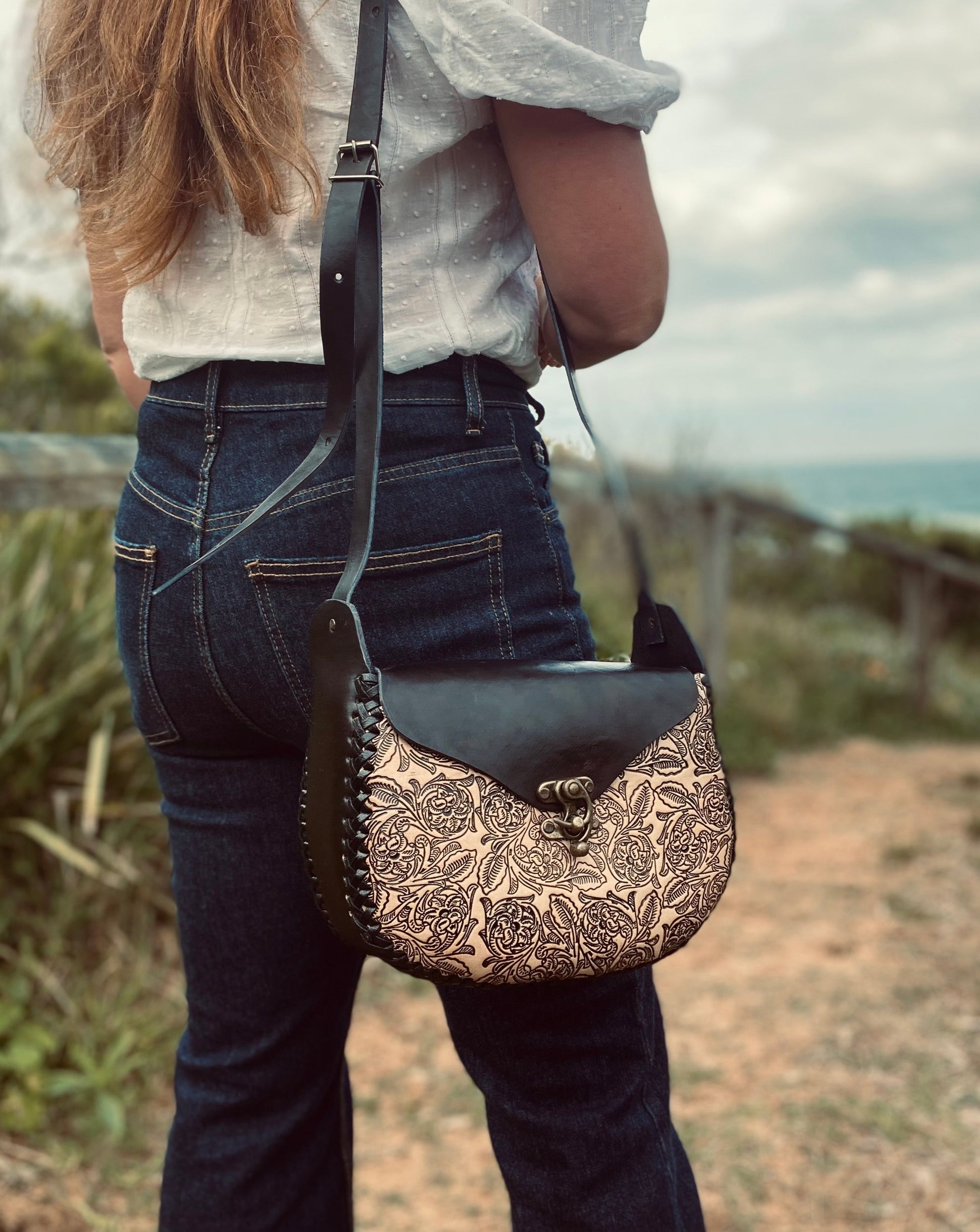 BLACK LEATHER HANDBAG, Handmade Leather bag, Flower Handbag, Rose Bag