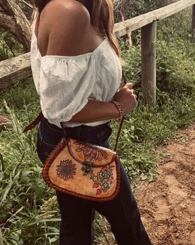 HANDPAINTED FLOWER BAG, Mexican handbag, Colour purse, Leather handbag