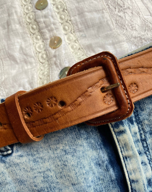 LEATHER Tooled belt, Vintage Belt, Unisex Belt, Tooled Belt, Boho Belt