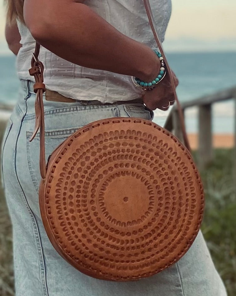 CIRCLE BAG LEATHER, Handmade Bag Vintage, Hand tooled Bag, Unique Bag