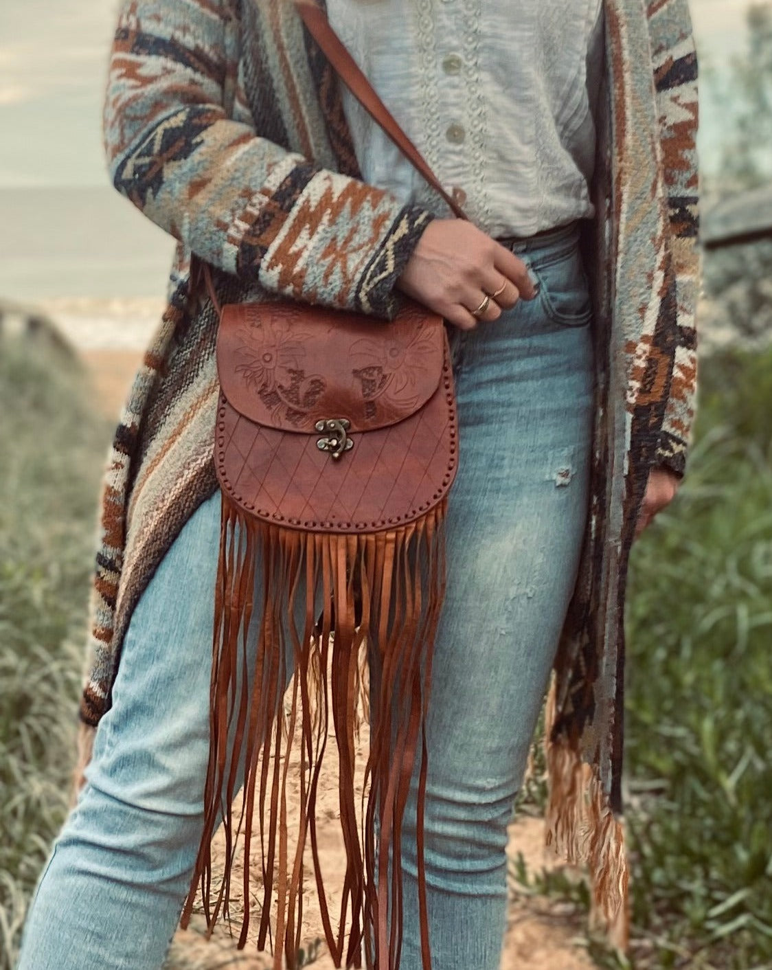 TASSEL leather bag, Unique Leather Bag, Hand tooled Purse, Fringe Bag