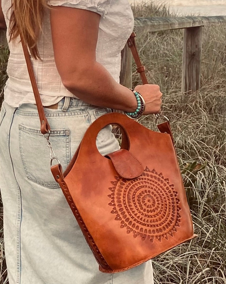 HANDMADE LEATHER BAG, Big Boho Vintage Bag, Leather Tooled handbag