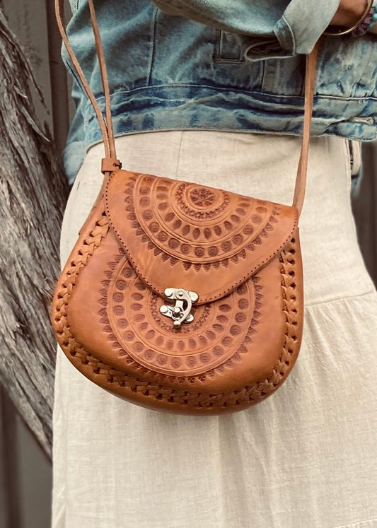 Hand tooled Leather Boho Handbag | Handcrafted Bag from Mexico