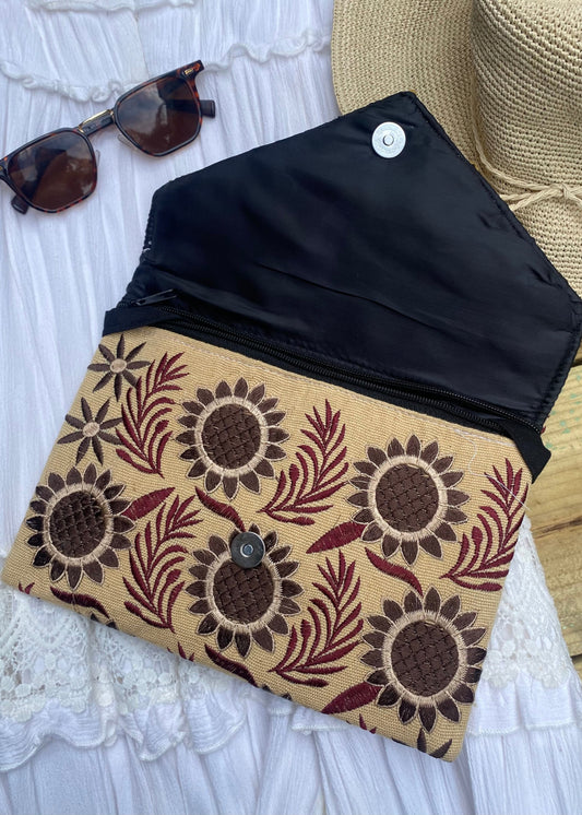 EMBROIDERED CLUTCH, Sunflower Bags, Mexican bags, Colour Bags