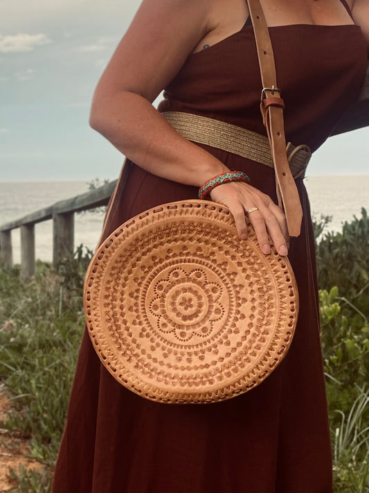 CIRCLE BAG LEATHER, Handmade Bag Vintage, Hand tooled Bag, Unique Bag