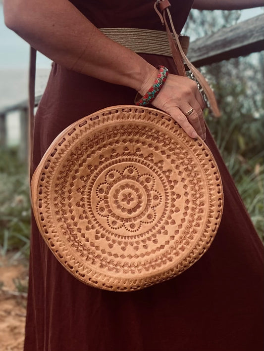 CIRCLE BAG LEATHER, Handmade Bag Vintage, Hand tooled Bag, Unique Bag