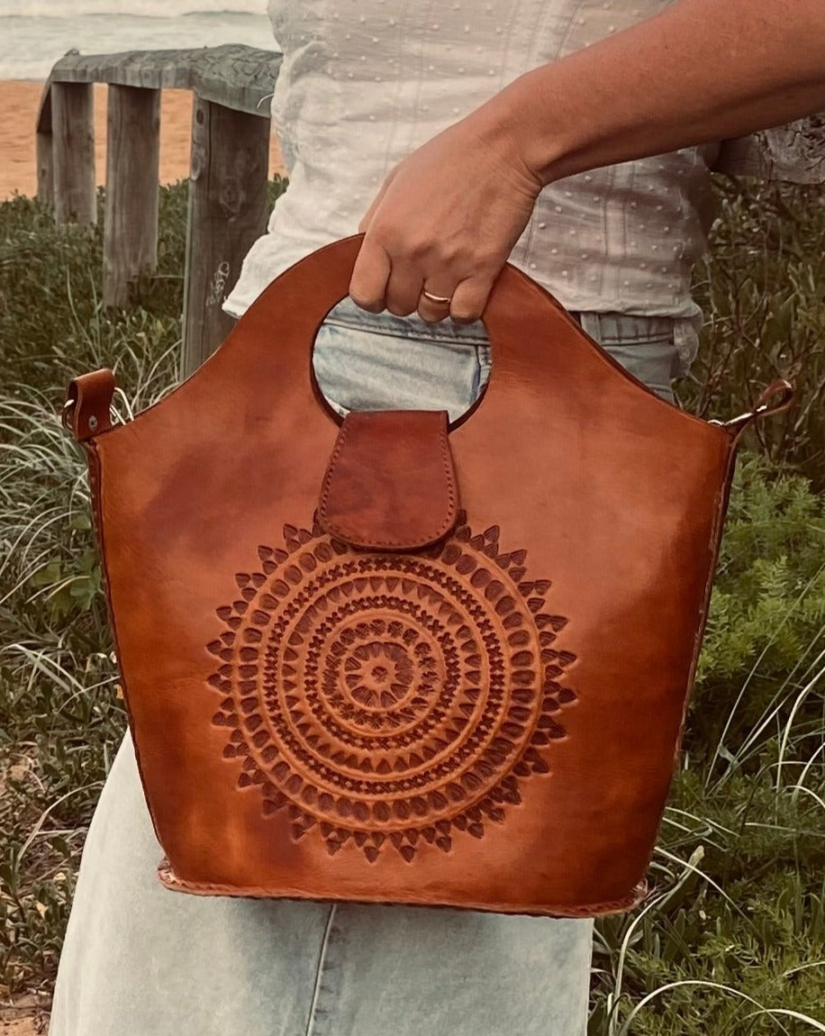 HANDMADE LEATHER BAG, Big Boho Vintage Bag, Leather Tooled handbag