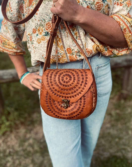 Hand tooled Leather Boho Handbag | Handcrafted Bag from Mexico