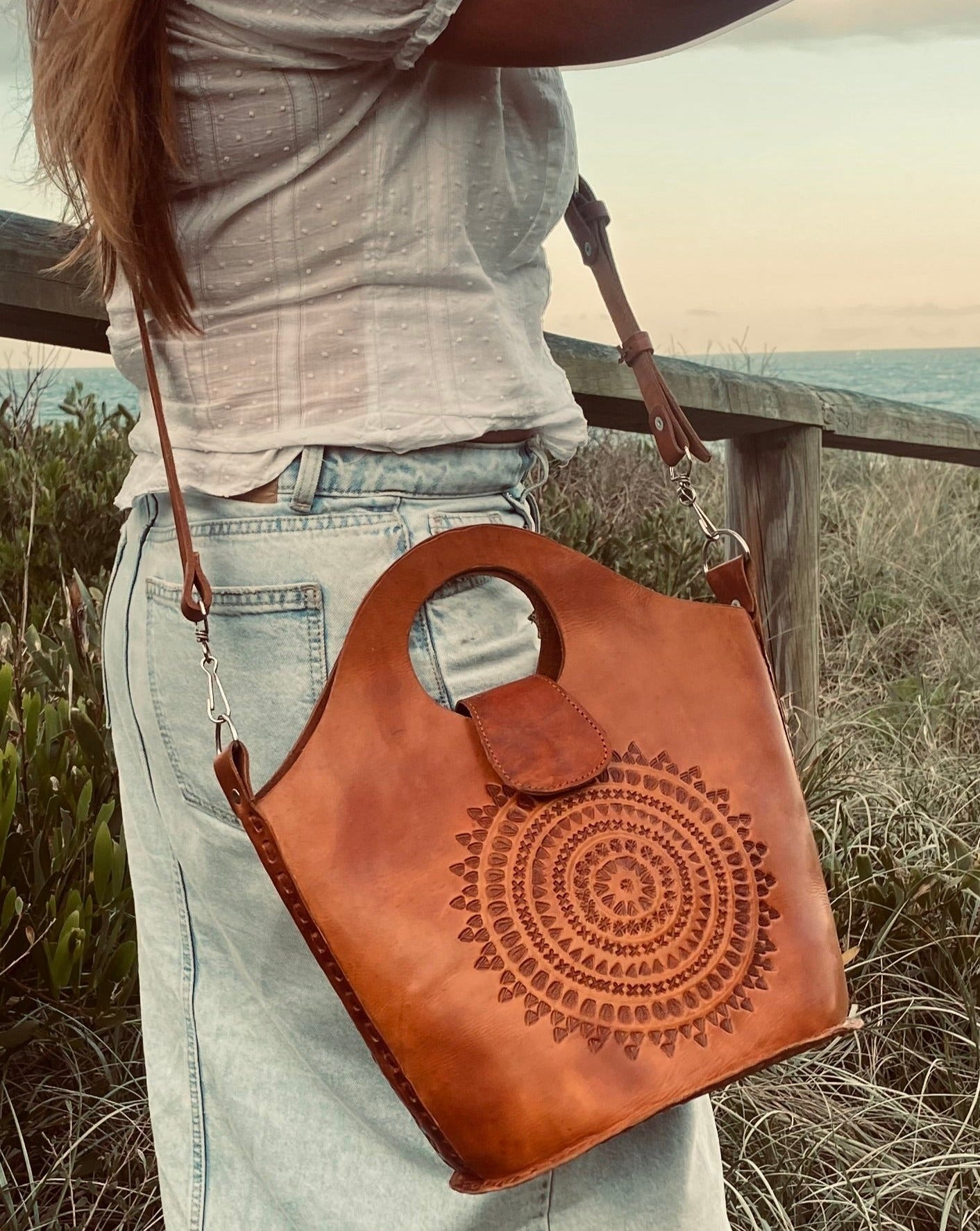 HANDMADE LEATHER BAG, Big Boho Vintage Bag, Leather Tooled handbag