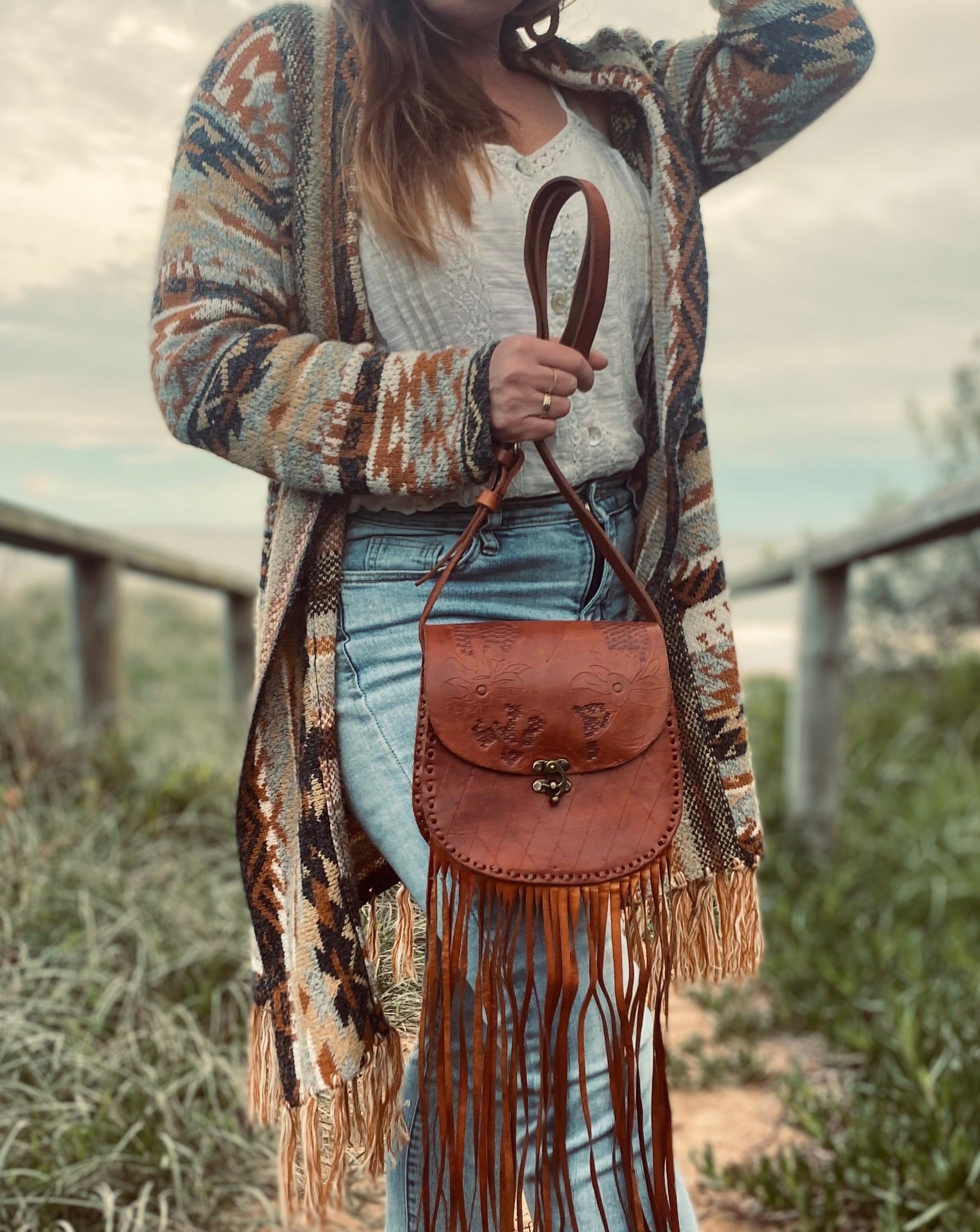 TASSEL leather bag, Unique Leather Bag, Hand tooled Purse, Fringe Bag