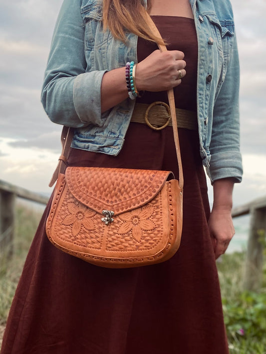 FLOWER PRINT BAG, Hand tooled Bag, Women handmade Bag, Unique Hand Bag