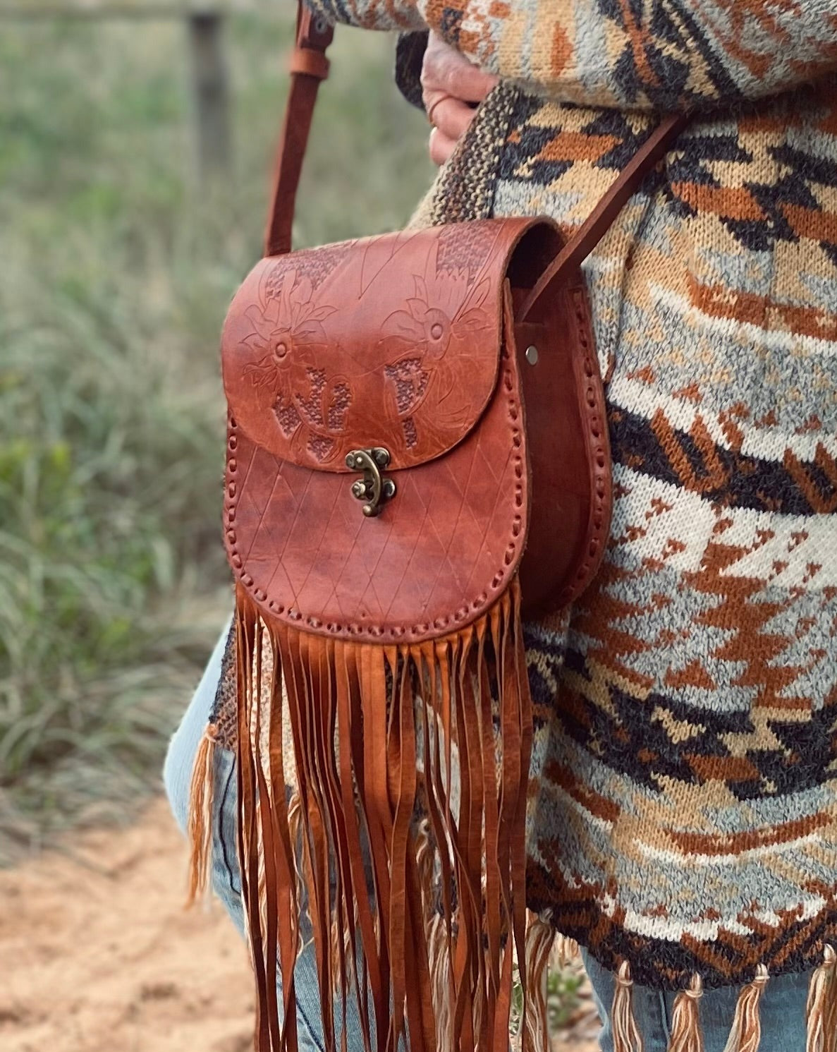 TASSEL leather bag, Unique Leather Bag, Hand tooled Purse, Fringe Bag