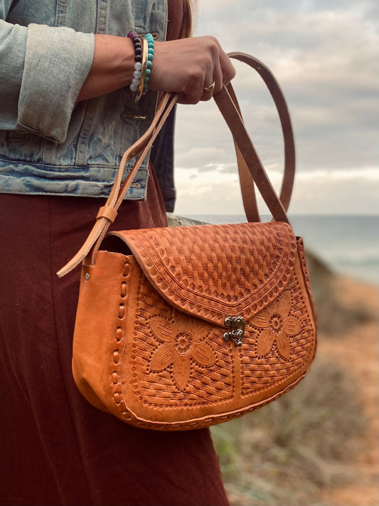 FLOWER PRINT BAG, Hand tooled Bag, Women handmade Bag, Unique Hand Bag