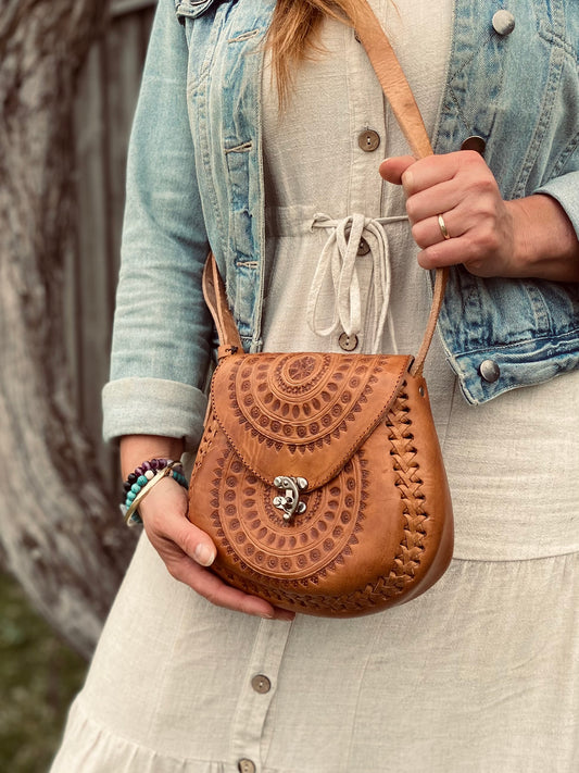 Hand tooled Leather Boho Handbag | Handcrafted Bag from Mexico