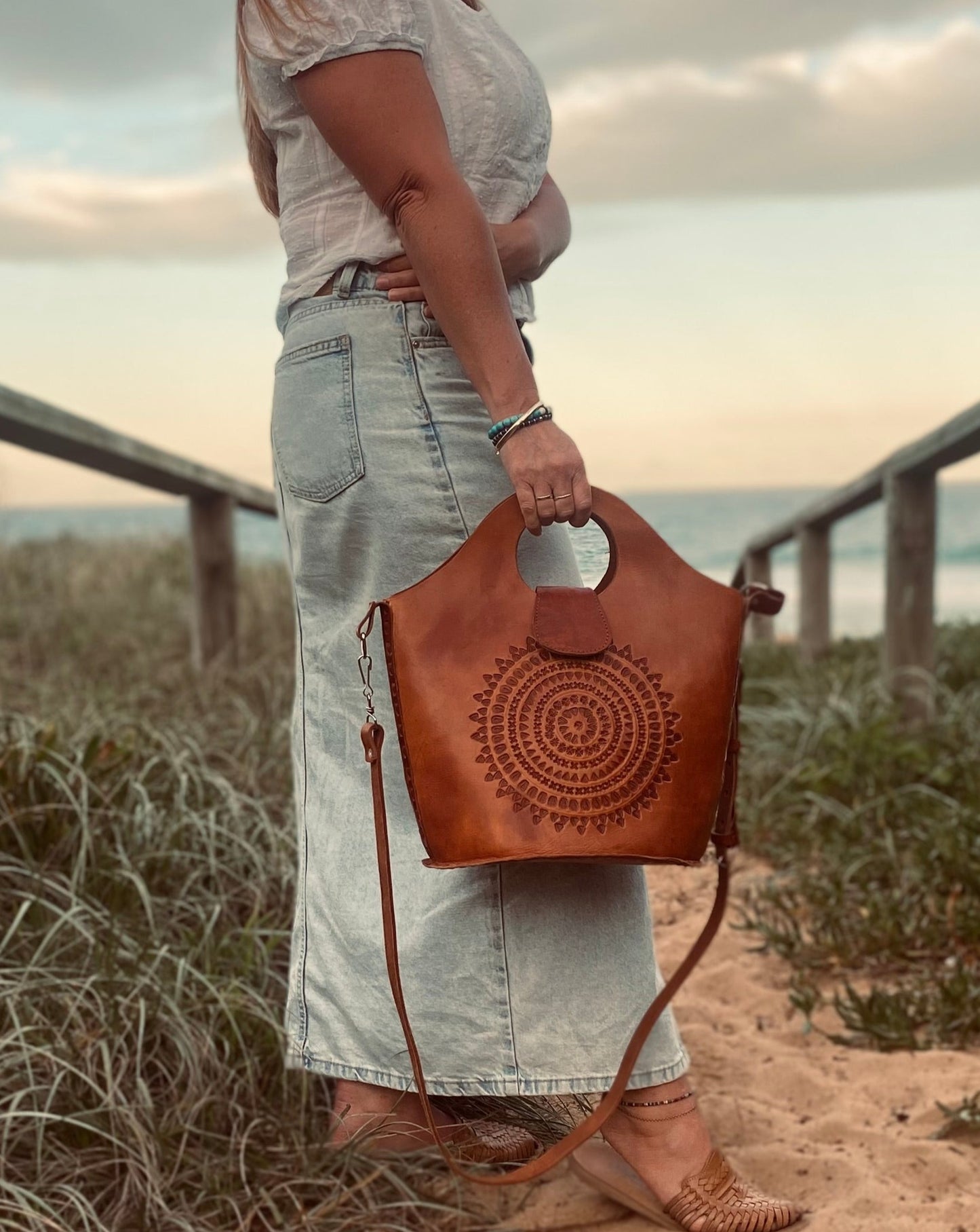 HANDMADE LEATHER BAG, Big Boho Vintage Bag, Leather Tooled handbag