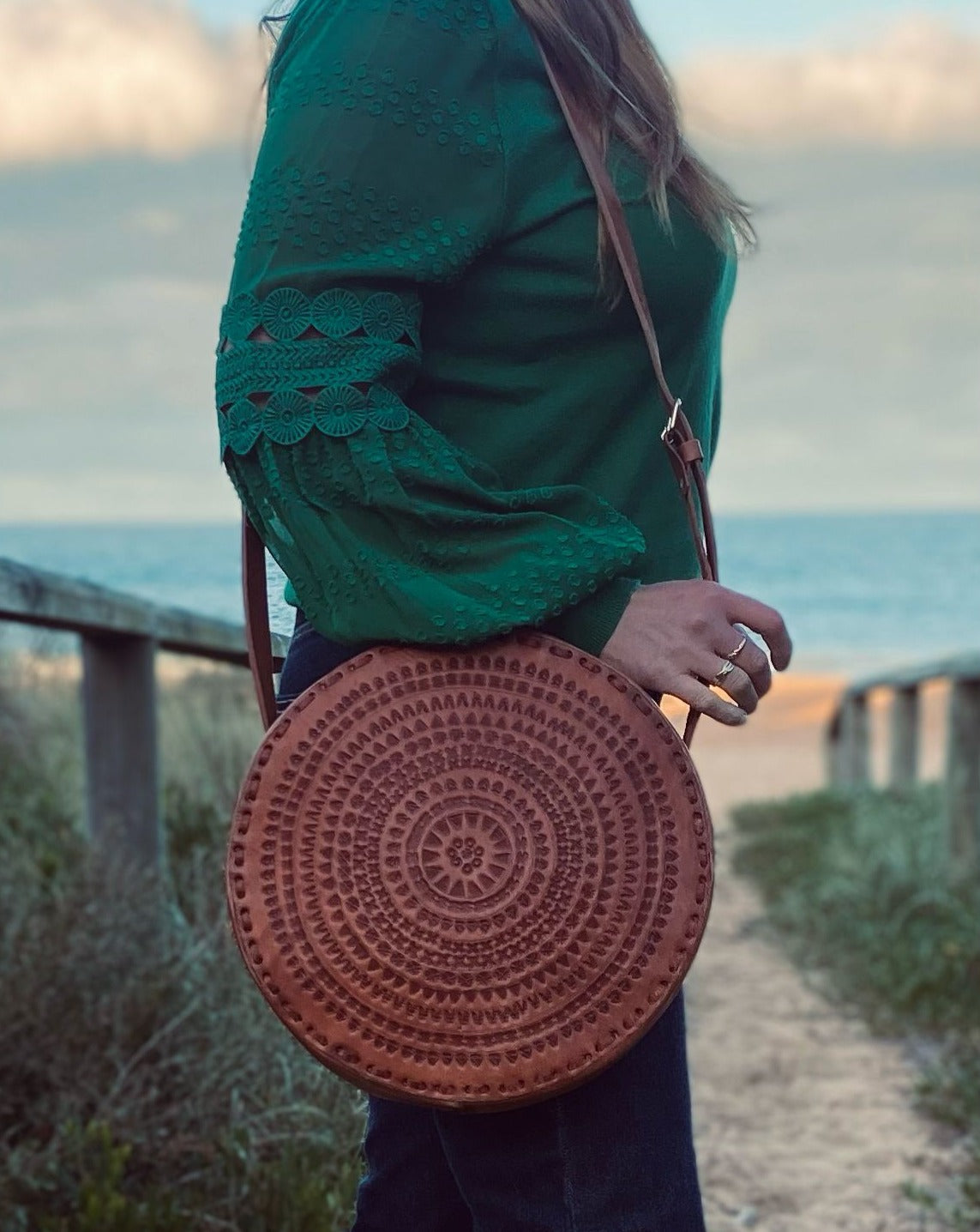 CIRCLE BAG LEATHER, Handmade Bag Vintage, Hand tooled Bag, Unique Bag