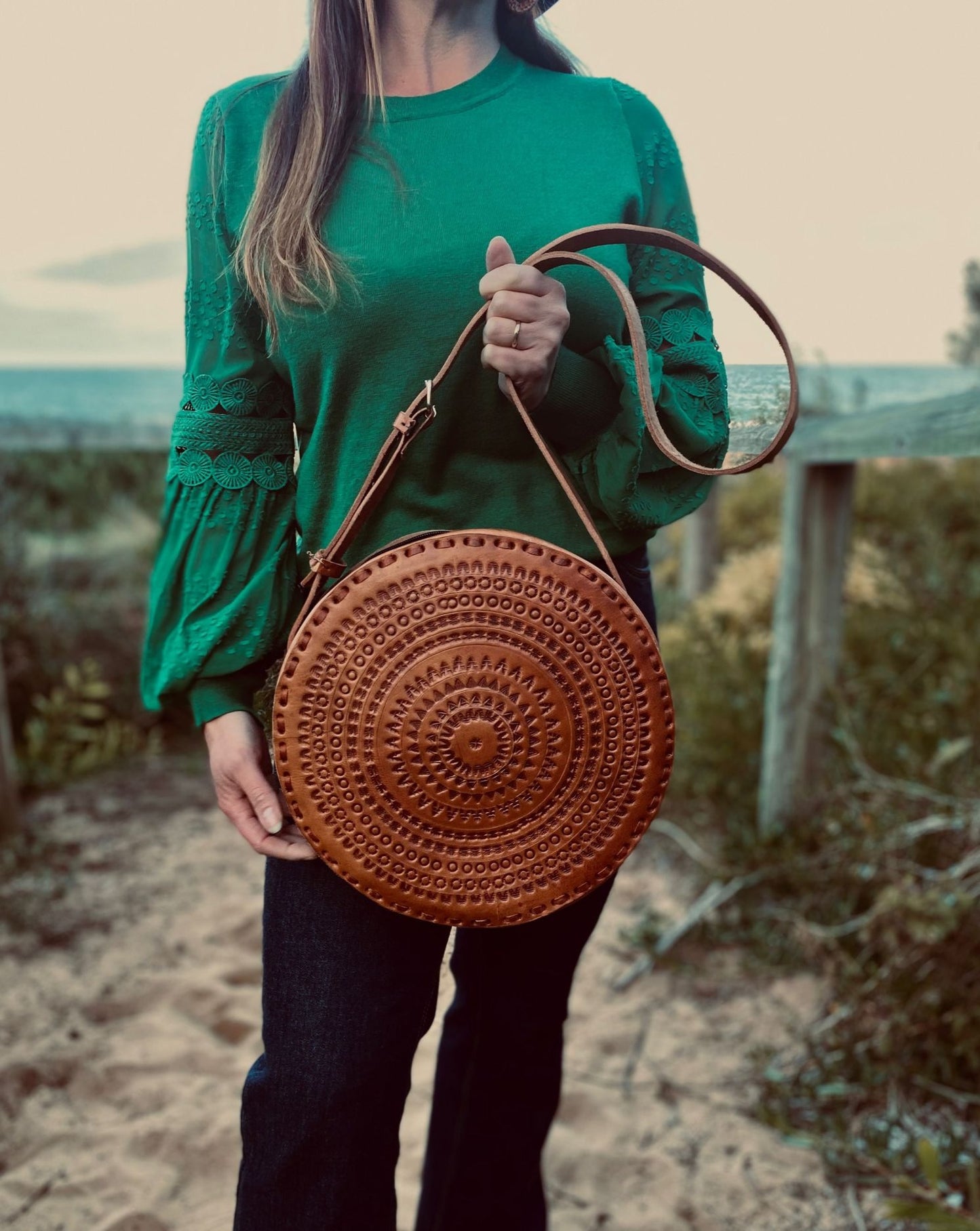 CIRCLE BAG LEATHER, Handmade Bag Vintage, Hand tooled Bag, Unique Bag