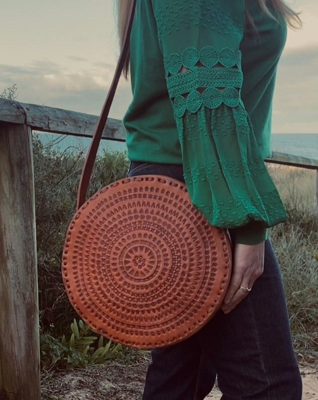 CIRCLE BAG LEATHER, Handmade Bag Vintage, Hand tooled Bag, Unique Bag