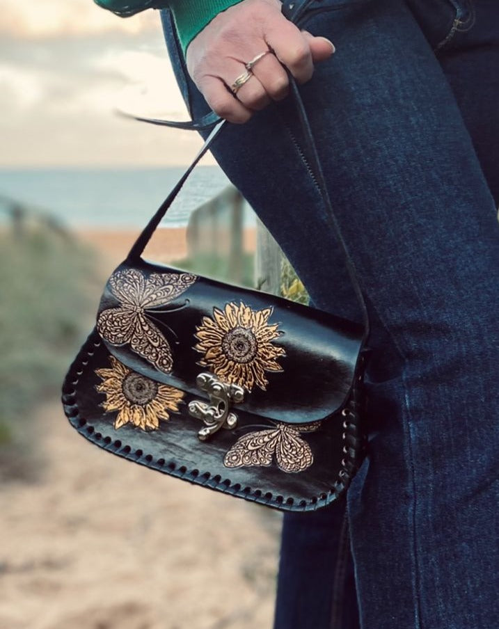 BUTTERFLY BAG, Sunflower Leather Bag, Hand painted bags, Mexican Purse