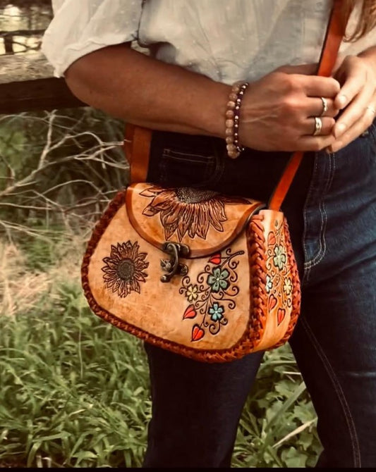 HANDPAINTED FLOWER BAG, Mexican handbag, Colour purse, Leather handbag