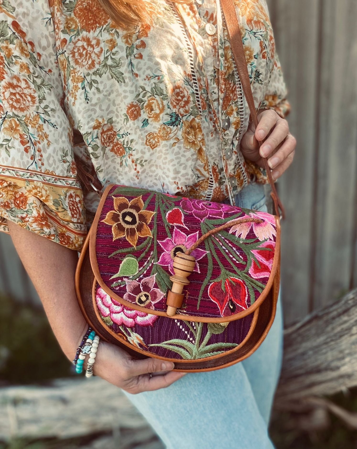 Embroidered Purse Coloured leather handbag Floral Leather