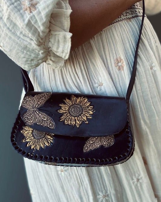 BUTTERFLY BAG, Sunflower Leather Bag, Hand painted bags, Mexican Purse