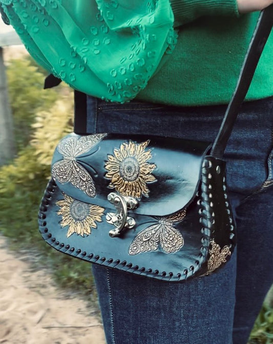 BUTTERFLY BAG, Sunflower Leather Bag, Hand painted bags, Mexican Purse